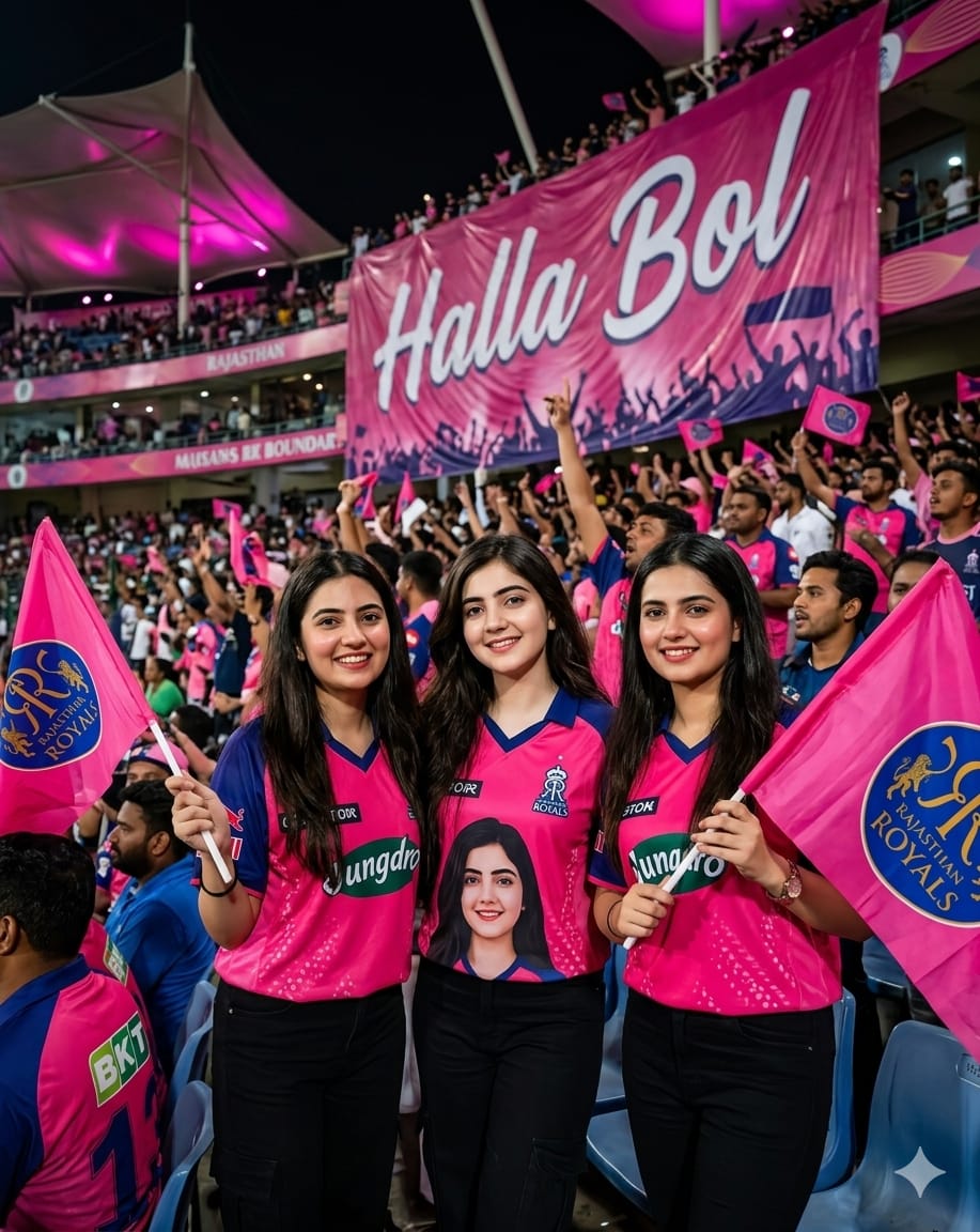 Rajasthan Royals Fan AI Prompt: Create 8K Cinematic (RR) Girls Group Photos