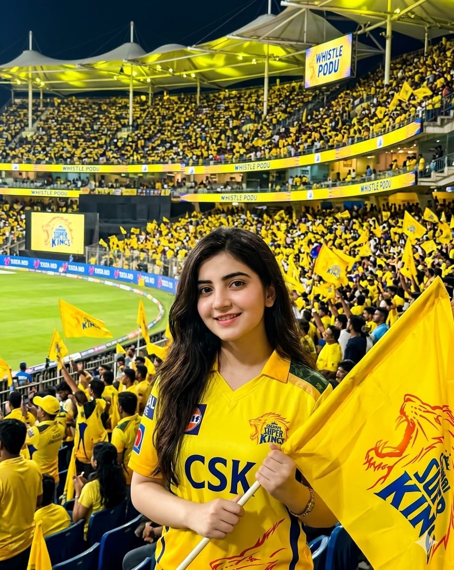 Viral CSK Girl Fan AI Photo Prompt: Realistic Stadium Vibe, CSK flags