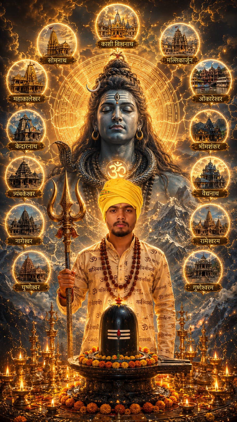 Create Mahadev image with 12 jyotirlingas. Trending Mahadev AI prompt:
