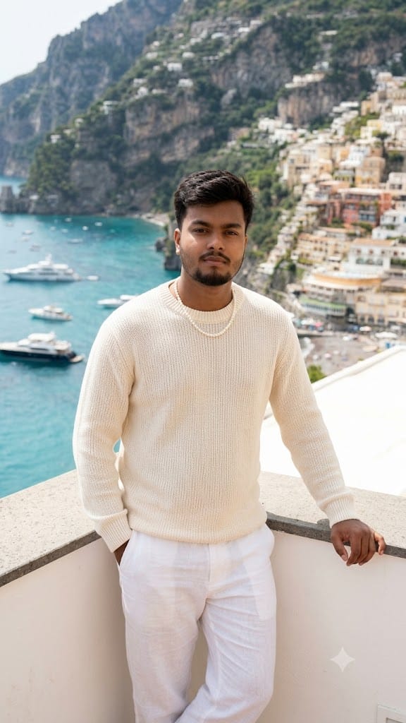 Viral stylish boys AI image prompt: Luxury Summer Mediterranean Create High-Fashion Portraits