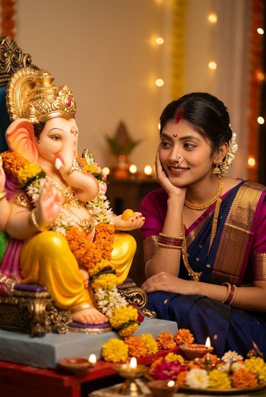 Ganpati saree portrait AI prompt: Copy this free ChatGPT & Gemini prompt below